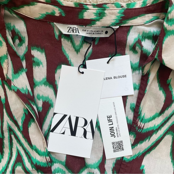 Zara The Selena Blouse Bohemian Print Bell Sleeve Tie Front Blouse Size M NWT - Picture 5 of 8